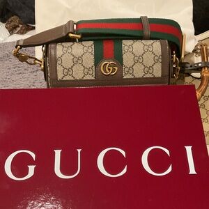 Gucci Beige and Green Mini Bag with Red Stripe
